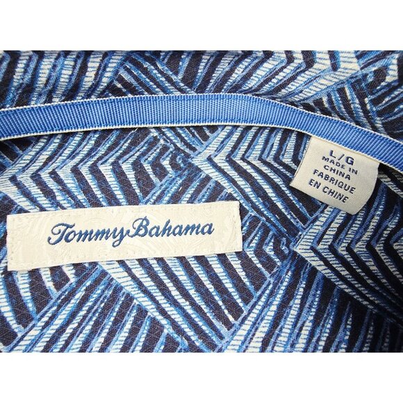 Tommy Bahama Size Large Mens Silk Black Blue White Pattern Logo Tag Short Sleeve - Picture 3 of 11